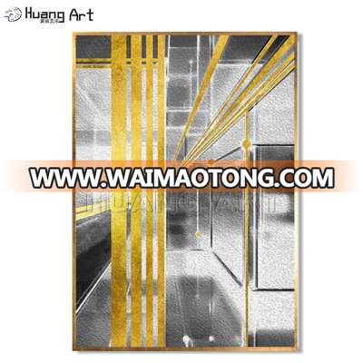 Pure Hand-Painted Modern Gold Foil Abstract Oil Painting on Canvas Gold Line on Black Background Pictures for Living Room Decor